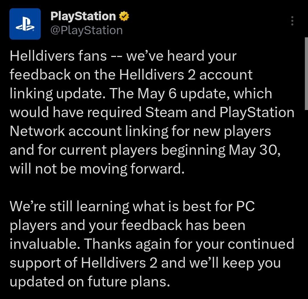 Заява соні щодо відміни привʼязки PSN для гравців Helldivers 2 на ПК